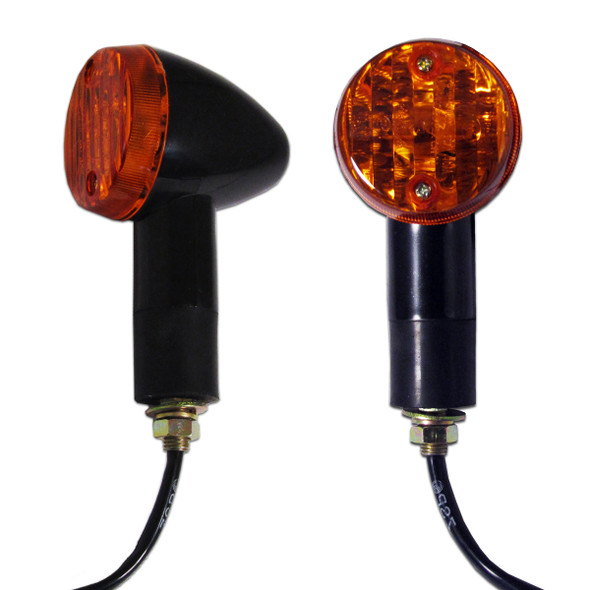 Each motorcycle turn signal indicator has a black colored finish, has a removable amber colored lens, and includes a black, rubber, weather resistant mounting stud, with metal threaded mounting shaft.  Turn signals come as a pair and all hardware for installing them is included.  Sold as a pair (two pieces)