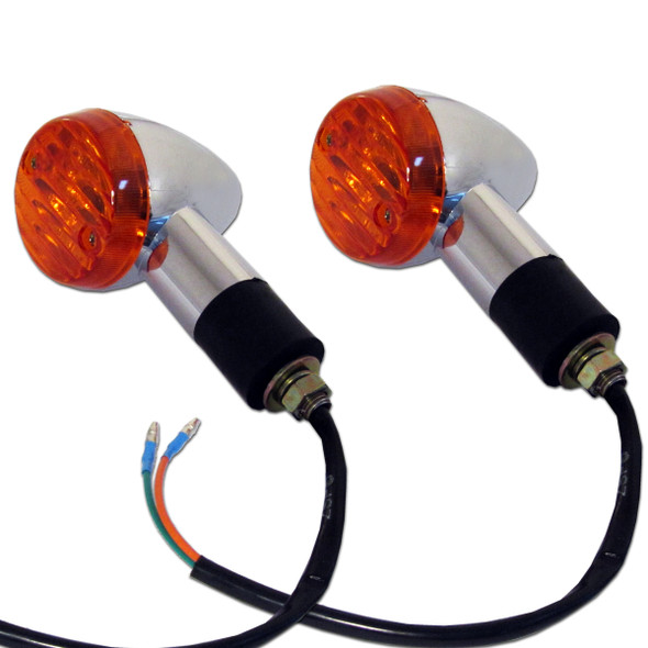 Each motorcycle turn signal indicator is chrome plated, has a removable amber colored lens, and includes a black, rubber, weather resistant mounting stud, with metal threaded mounting shaft.  Turn signals come as a pair and all hardware for installing them is included.