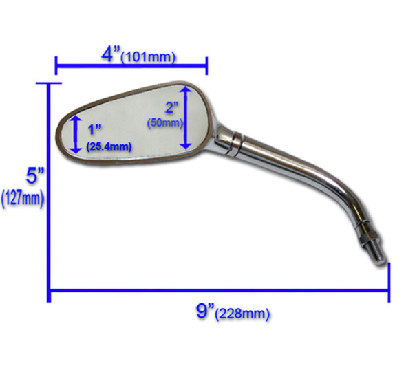 Dimensions and specifications of chrome billet motorcycle mirrors.