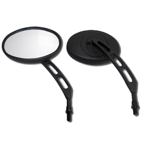 These mirrors are designed with a large viewing lens that can be positioned in a wide range of viewing angles.  Each motorcycle mirror features distortion free glass, so you don't have to worry about not being able to see what's behind you clearly.
