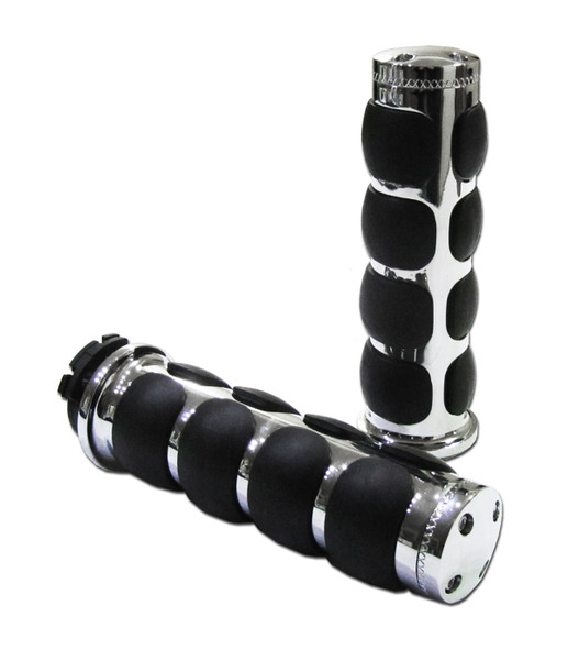 Tired of your hands getting sore whenever you ride? Upgrade your handlebar grips to a pair of chrome billet ISO comfort grips and your hands will thank you. Each grip features soft rubber black colored pads that are specifically designed to reduce strain and discomfort on your hands while you ride, putting an end to sore hands.