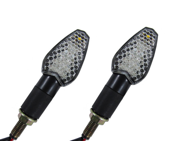 Each motorcycle turn signal indicator has a black colored finish, has a honeycomb clear lens with a rear amber colored side marker lens and includes a black, rubber, weather resistant mounting stud, with metal threaded mounting shaft.  Turn signals come as a pair and all hardware for installing them is included.  Sold as a pair (two pieces)