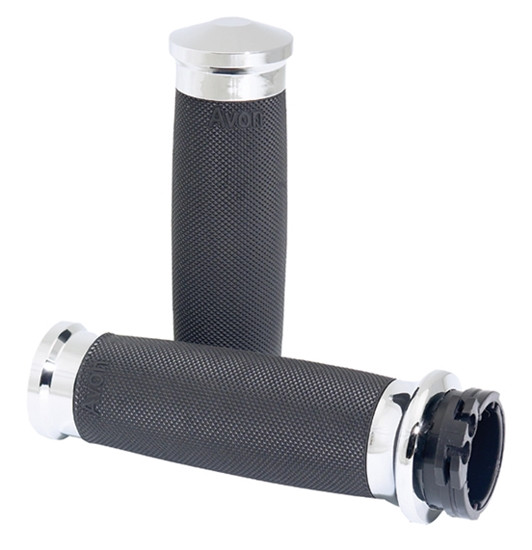 Avon Black Rubber 1" Handlebar Motorcycle Grips with Throttle Controls for Harley Softail (Pair)