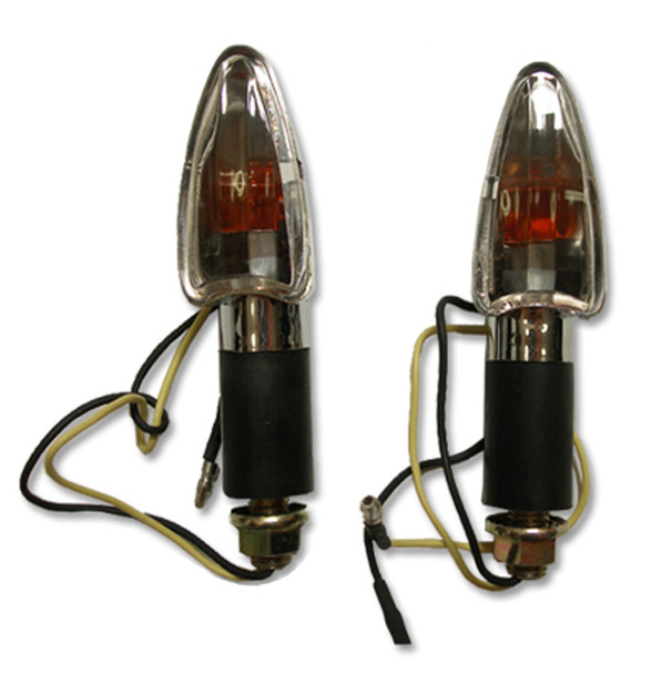 Upgrade your turn signals to these chrome plated arrow turn signals which feature a sleek, slender design. They use a light bulb which gives off an amber Color: </strong></p> <ul> <li>Chrome</li> </ul> <p><strong>Dimensions:</strong></p> <ul> <li>Overall leng when activated and use two wires. Can be used as front and or rear turn signals for your motorcycle or atv.