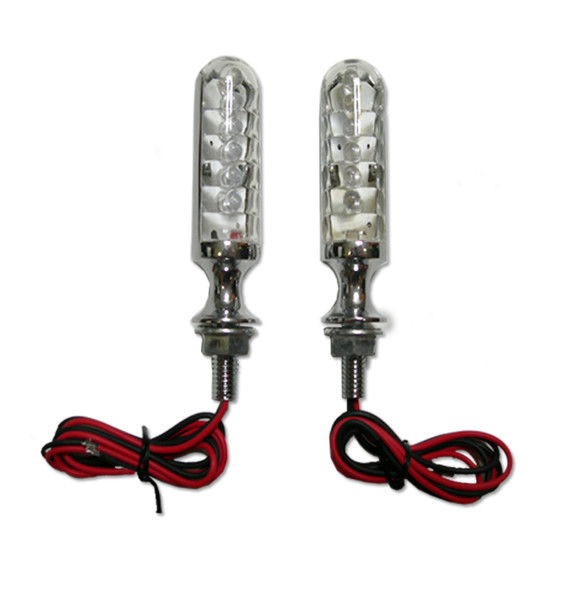 Customize your ride with these hot, custom, "bullet" style LED chrome motorcycle turn signals. They will give your ride a sleek look, while providing a bright light and more efficiency.