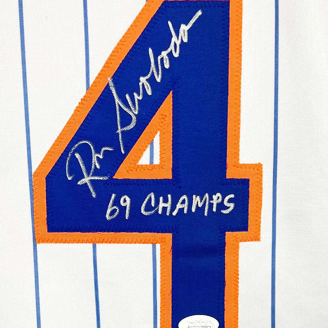 Ron Swoboda Signed 69 Champs Inscription New York Pinstripe Baseball Jersey (JSA)
