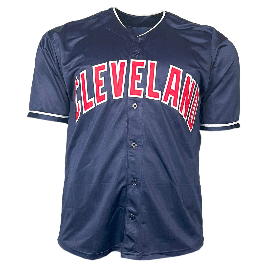 Shane Bieber Signed 2020 AL CY Young 1st Triple Crown Inscription Cleveland Navy Baseball Jersey (Beckett)