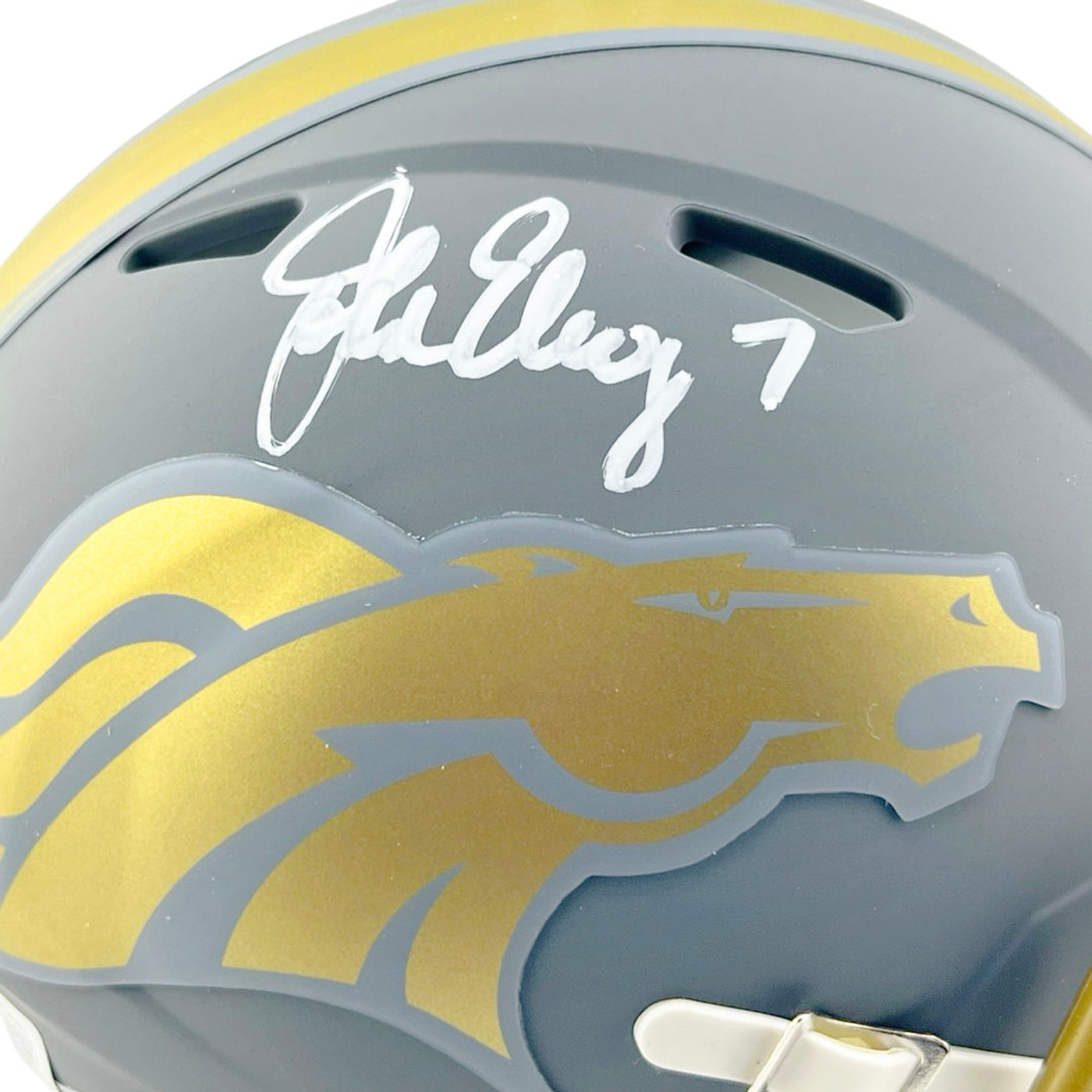 John Elway Signed White Ink Denver Broncos Slate Alternate Speed Mini Football Helmet (Beckett)