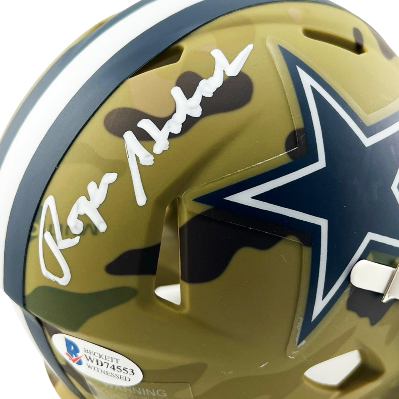 Roger Staubach Signed Dallas Cowboys Camo Speed Mini Football Helmet (Beckett)