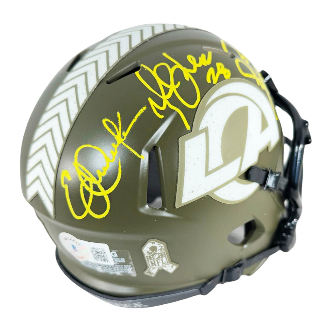 Marshall Faulk, Jerome Bettis & Eric Dickerson Signed HOF 99 Inscription Los Angeles Rams Salute to Service Mini Football Helmet (Beckett)