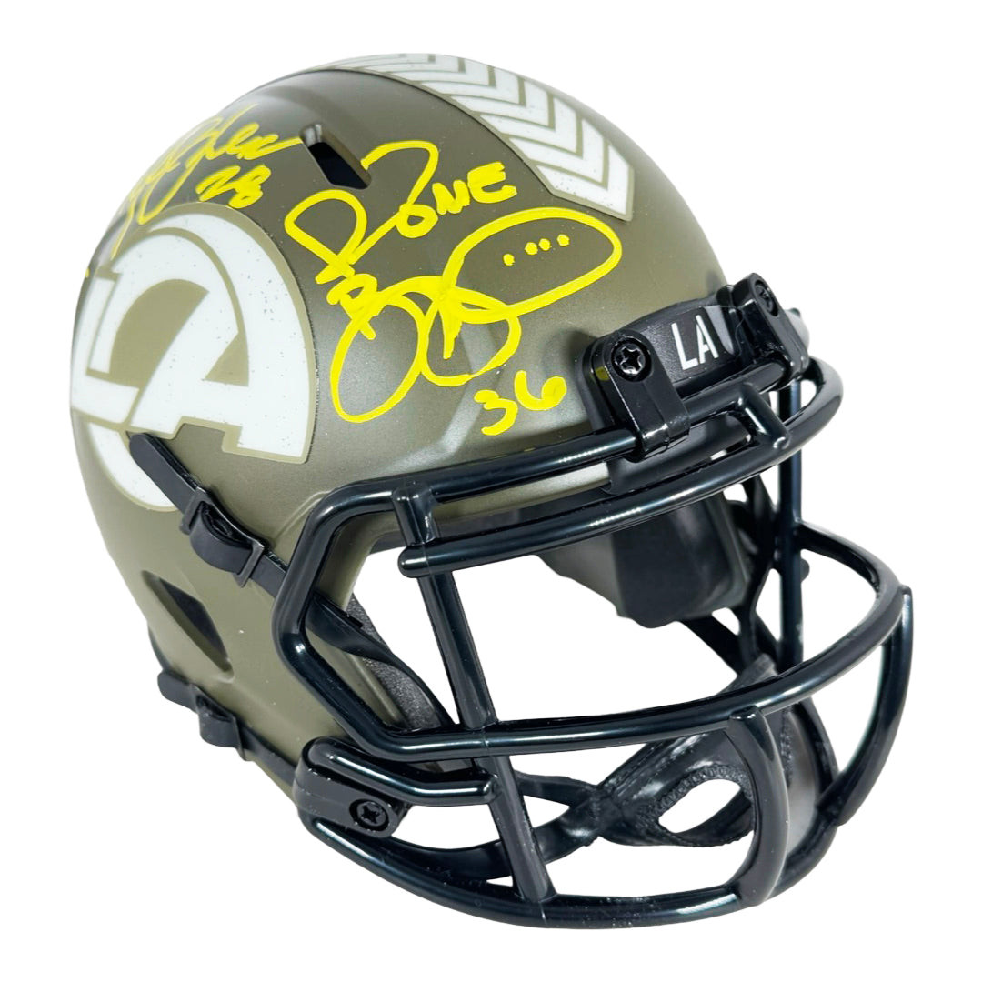 Marshall Faulk, Jerome Bettis & Eric Dickerson Signed HOF 99 Inscription Los Angeles Rams Salute to Service Mini Football Helmet (Beckett)
