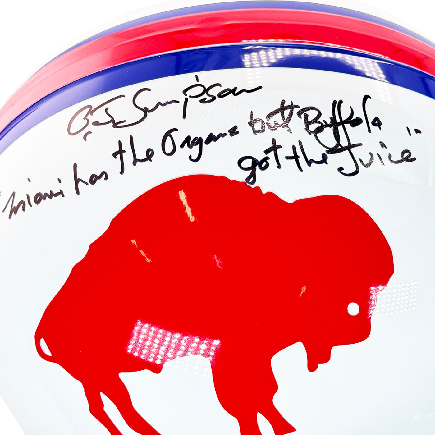 OJ Simpson Signed "Miami has the oranges but Buffalo got the Juice"  Inscription Buffalo Bills Throwback 65-73 Full-Size Replica Football Helmet (JSA)