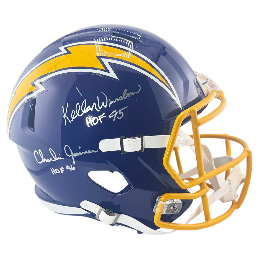 Kellen Winslow and Charlie Joiner Signed HOF 95, HOF 96 Inscription Los Angeles Chargers Throwback 74-87 Speed Full-Size Replica Football Helmet (Beckett)