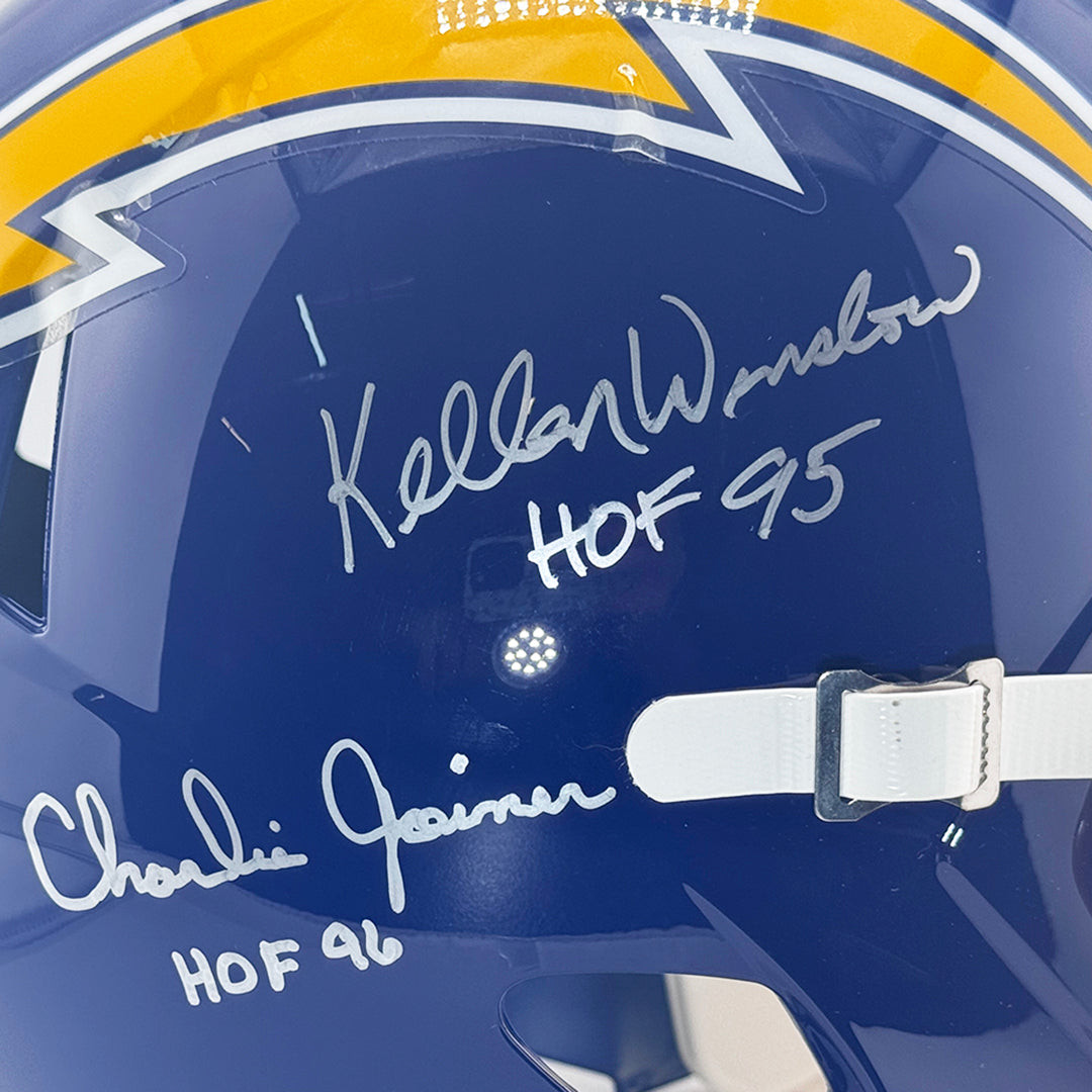 Kellen Winslow and Charlie Joiner Signed HOF 95, HOF 96 Inscription Los Angeles Chargers Throwback 74-87 Speed Full-Size Replica Football Helmet (Beckett)
