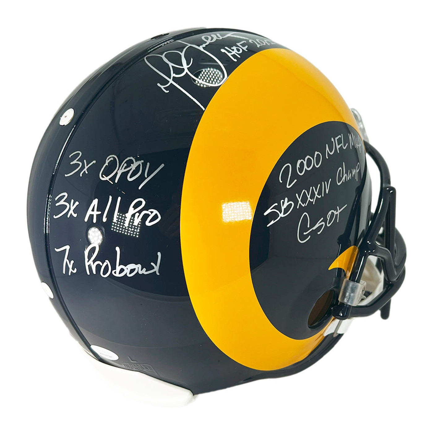 Marshall Faulk Signed Multi-Inscription St. Louis Rams Throwback 81-99 Authentic Full-Size Football Helmet Silver Ink (JSA)