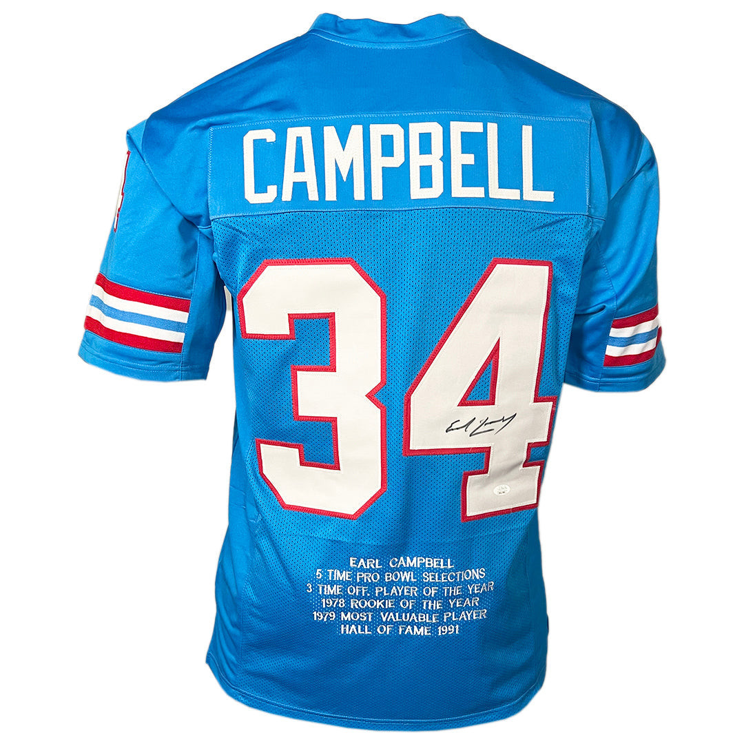 Earl Campbell Signed Houston Light Blue Stats Football Jersey (JSA) -