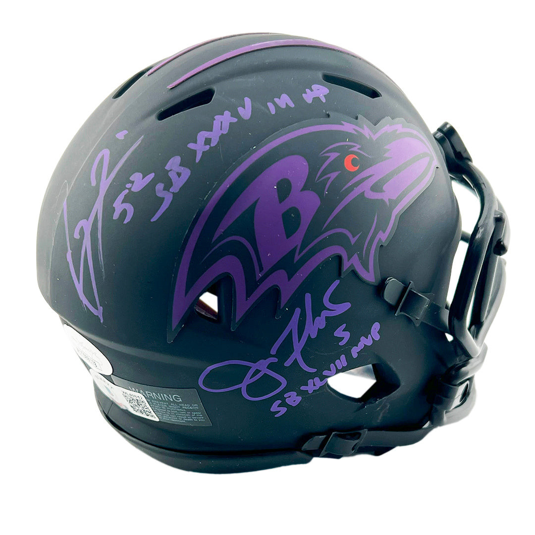 Ray Lewis and Joe Flacco Signed SB MVP Inscription Baltimore Ravens Eclipse Mini Football Helmet (Beckett)