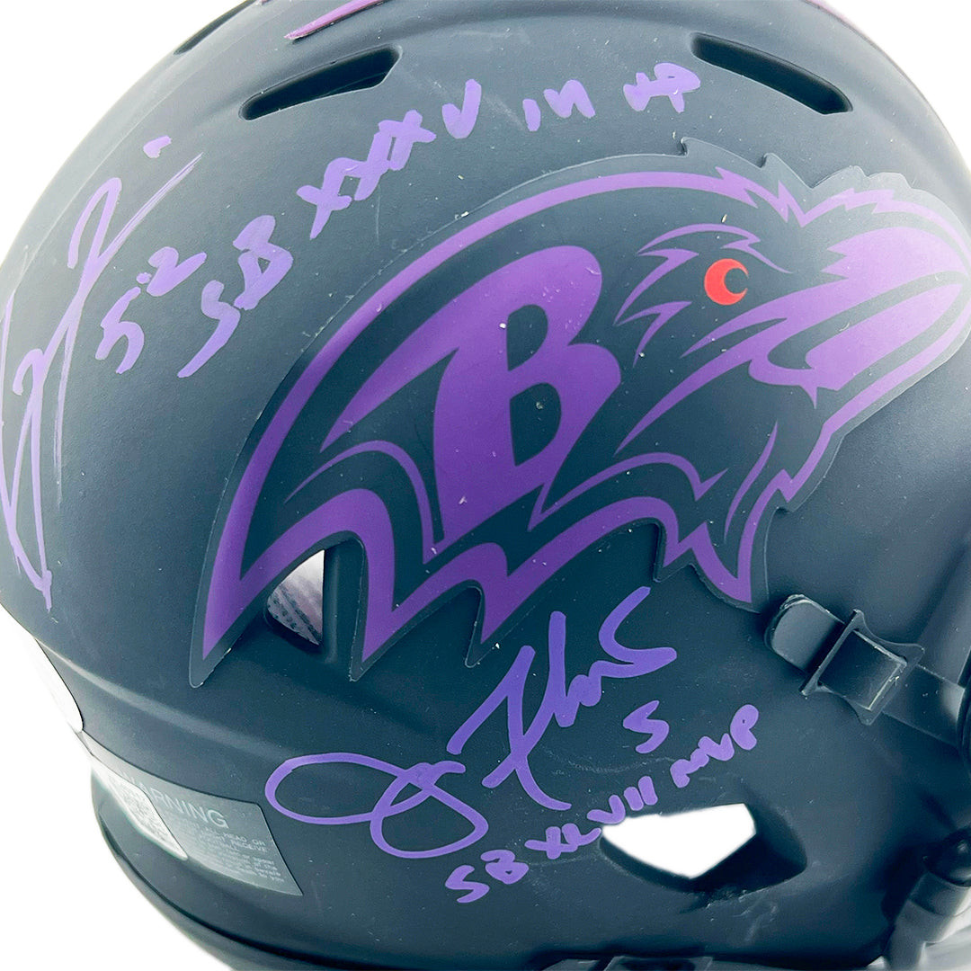Ray Lewis and Joe Flacco Signed SB MVP Inscription Baltimore Ravens Eclipse Mini Football Helmet (Beckett)