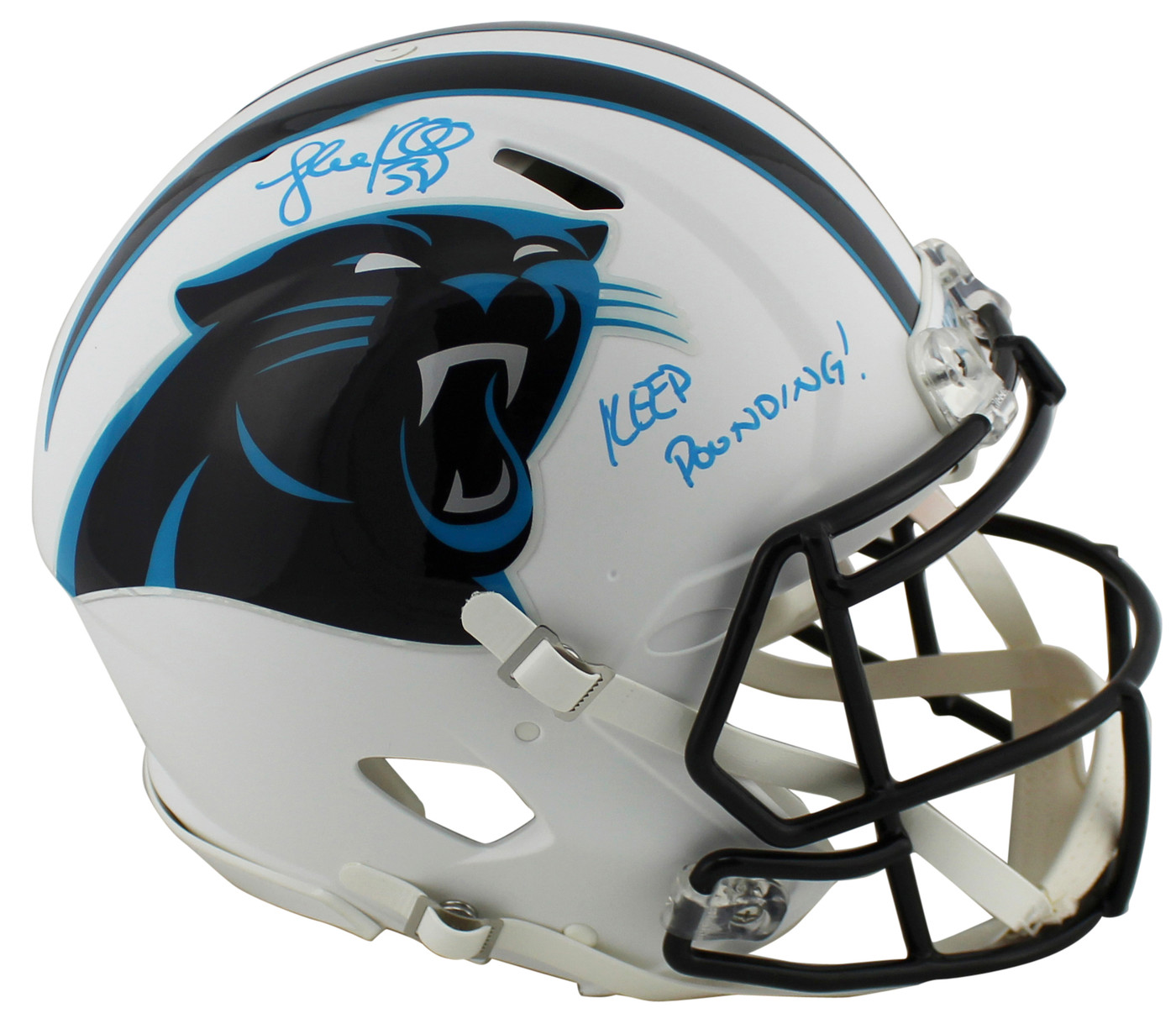 Panthers Luke Kuechly "KP" Signed Flat White Proline Full Size Speed Helmet BAS