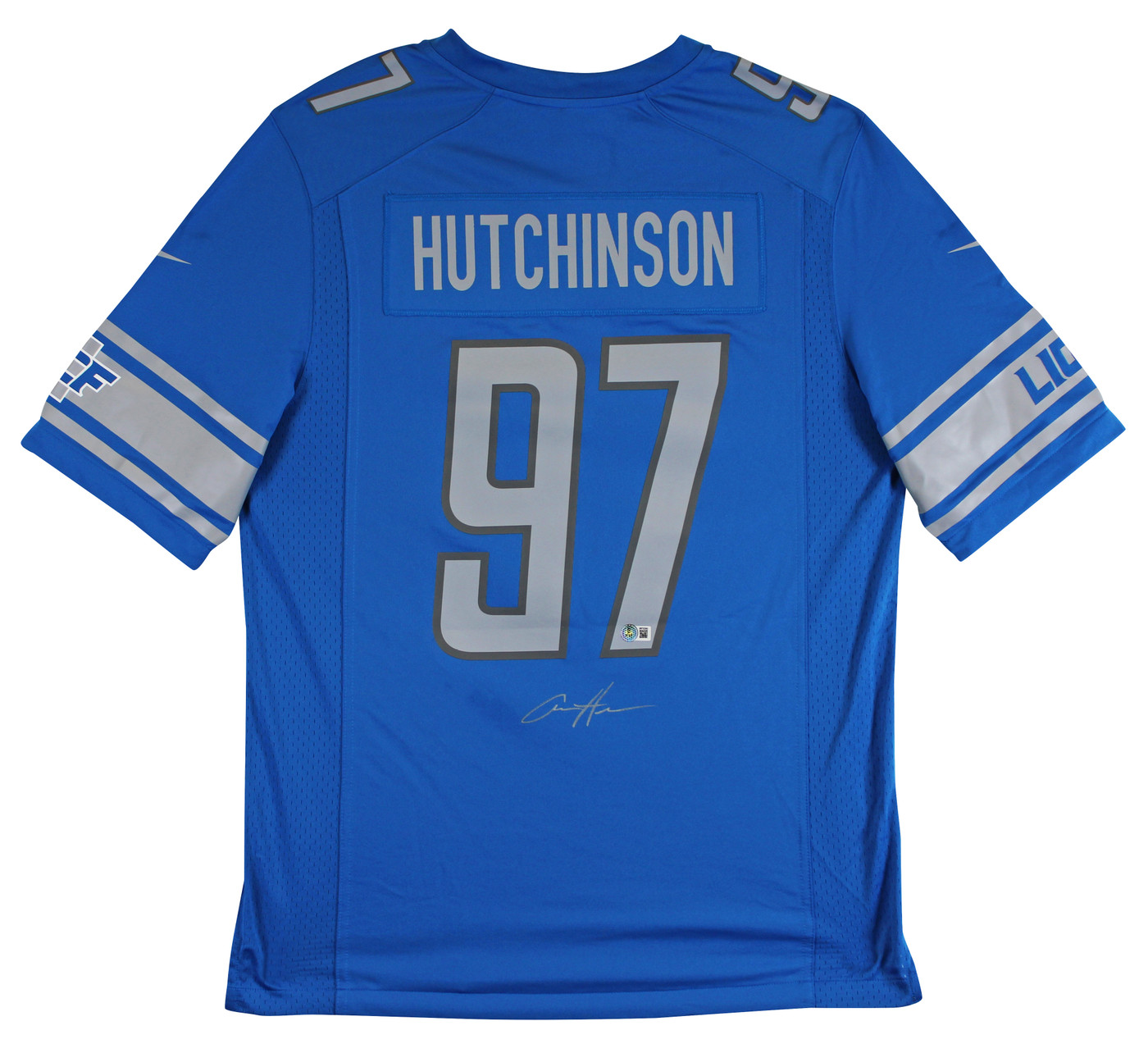 Lions Aidan Hutchinson Signed Blue Nike Game Jersey w/ Silver Sig