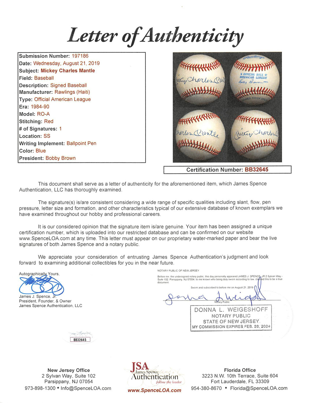 Yankees Mickey Charles Mantle Authentic Signed Oal Baseball JSA #BB32645