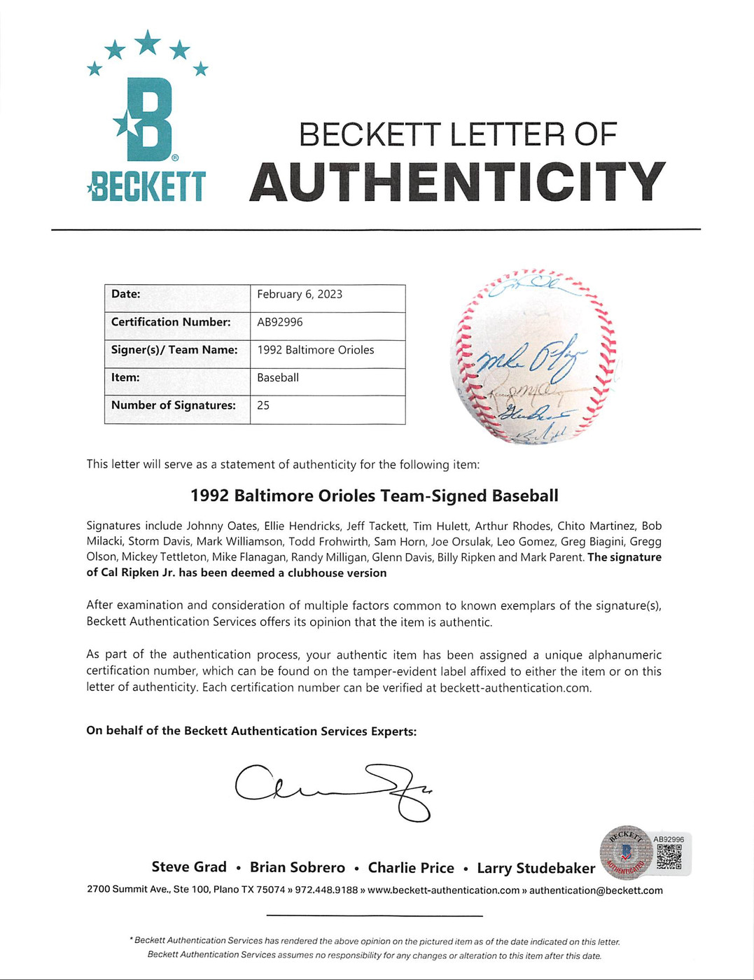 1992 Orioles (25) Oates, Tettleton, Ripken +22 Signed Oal Baseball BAS #AB92996