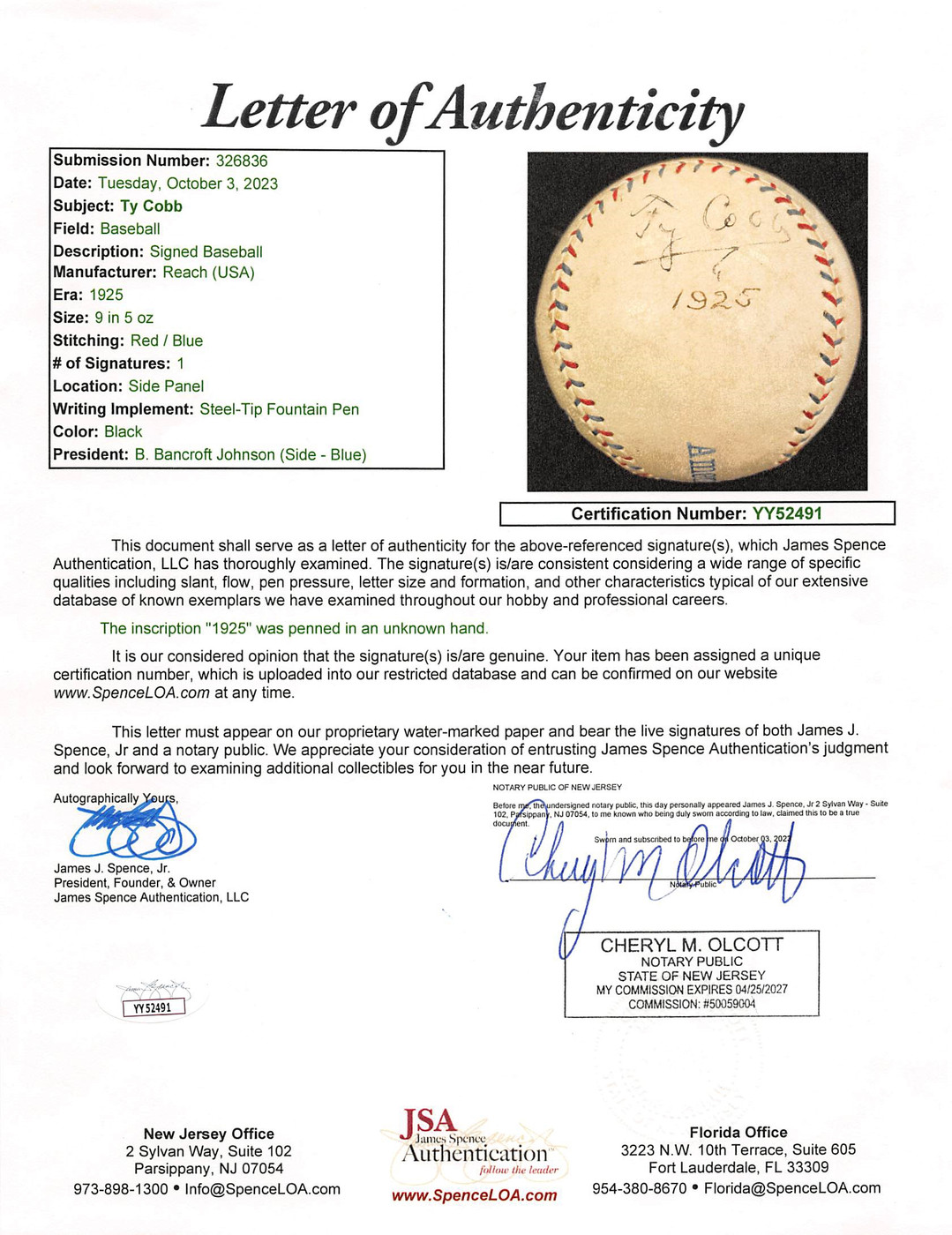 Tigers Ty Cobb Signed 1925 B. Bancroft Johnson Reach OAL Baseball