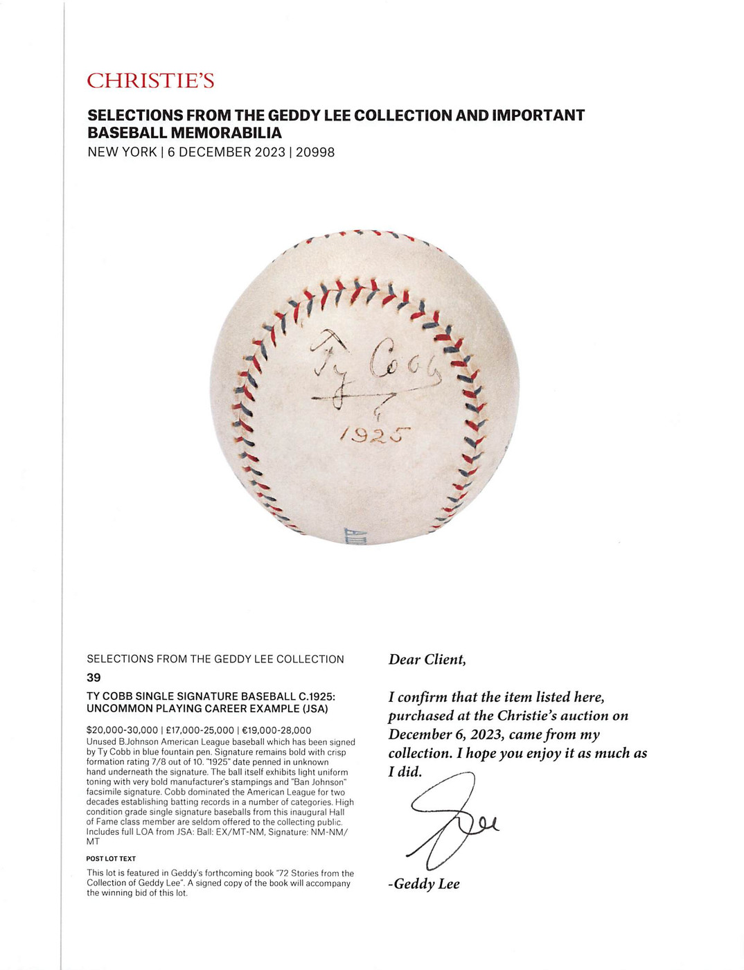 Tigers Ty Cobb Signed 1925 B. Bancroft Johnson Reach OAL Baseball
