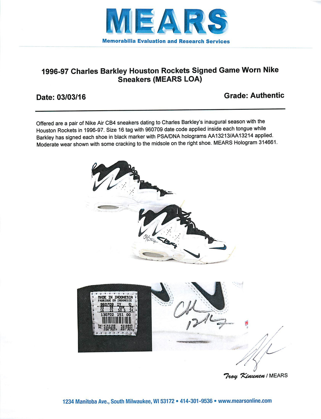 Rockets Charles Barkley Signed 1996-97 Game Used Nike Air CB4