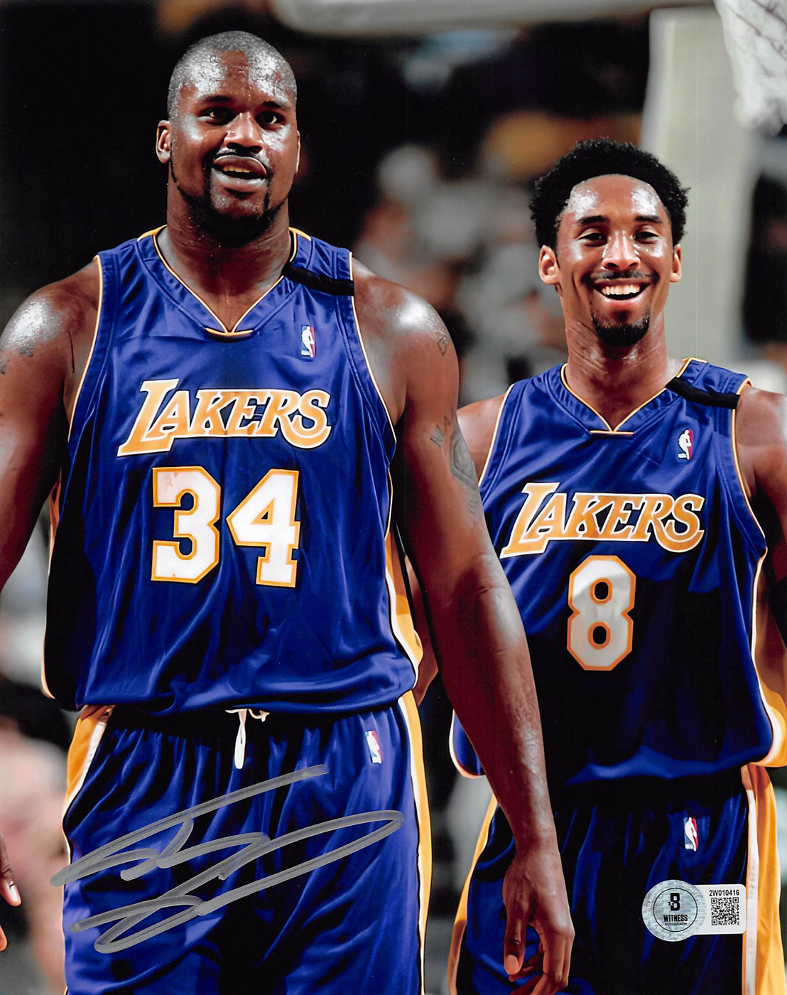 Lakers Shaquille O'Neal Signed 8x10 Vertical Purple Jersey w/ Kobe