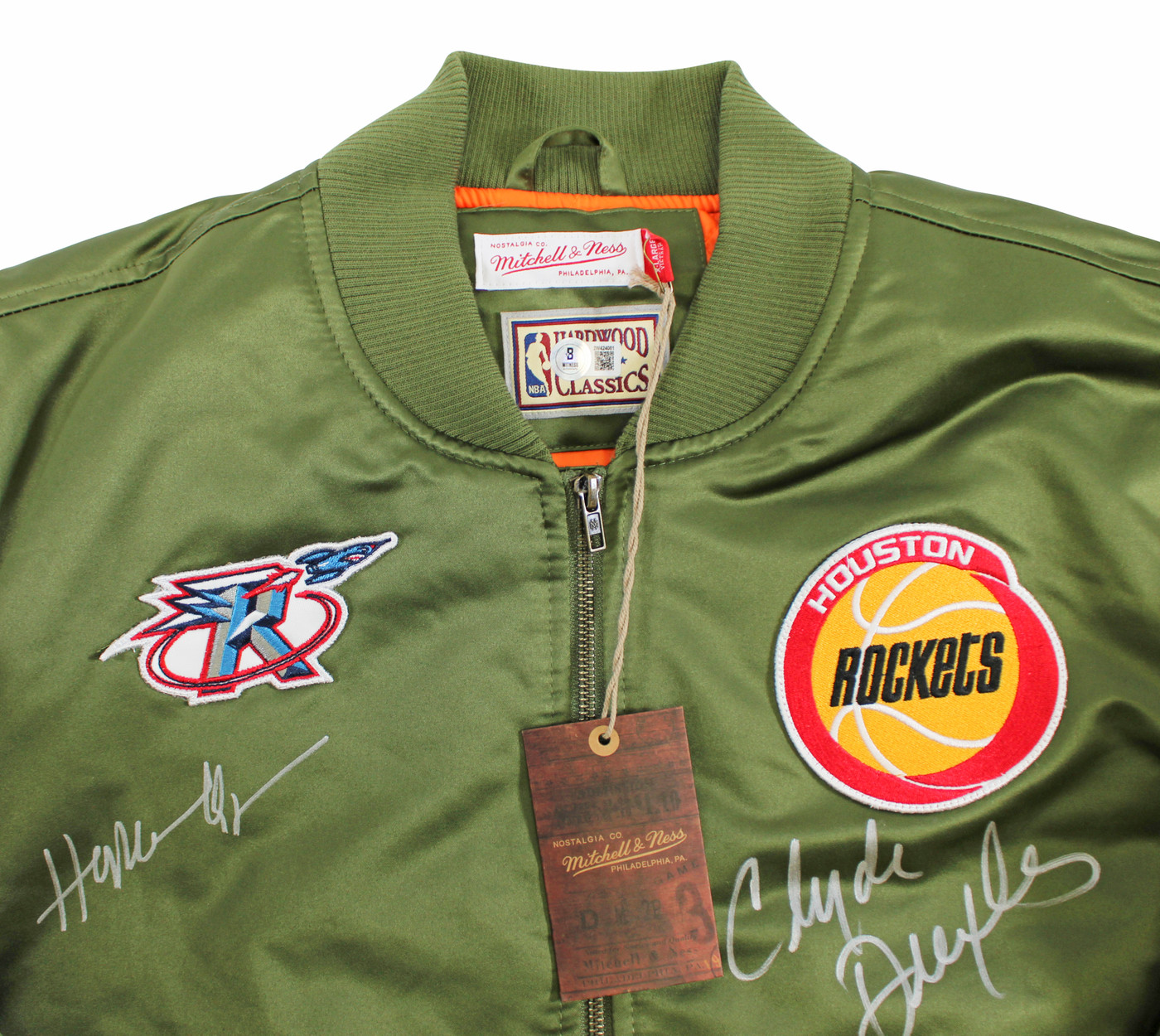 Rockets Hakeem Olajuwon & Clyde Drexler Signed Green M&N Bomber