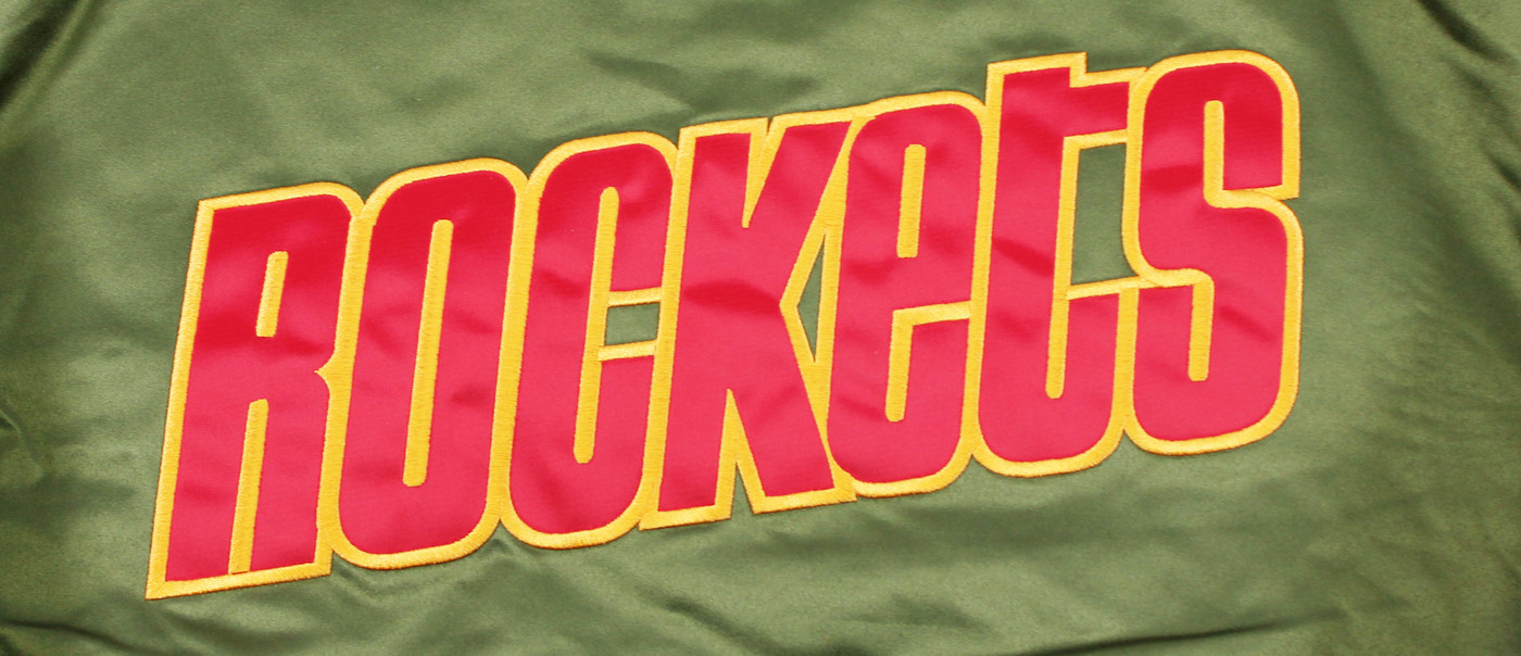 Rockets Hakeem Olajuwon & Clyde Drexler Signed Green M&N Bomber