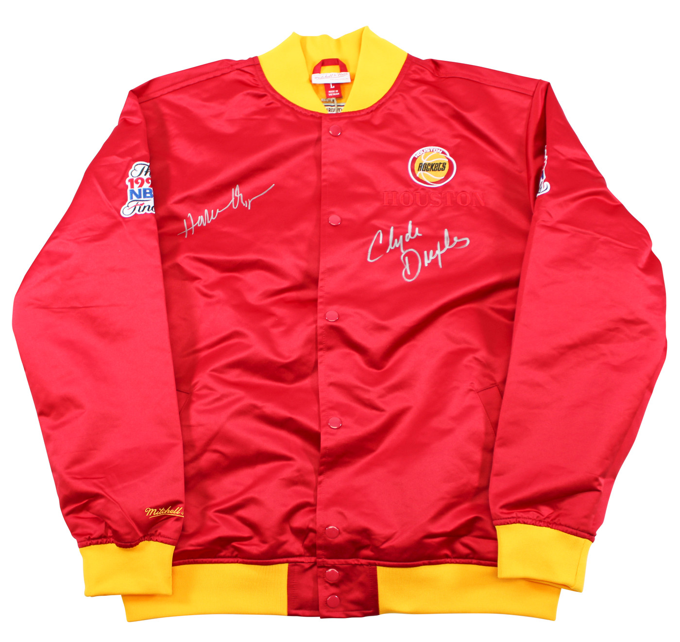 Rockets Hakeem Olajuwon & Clyde Drexler Signed Red M&N Bomber
