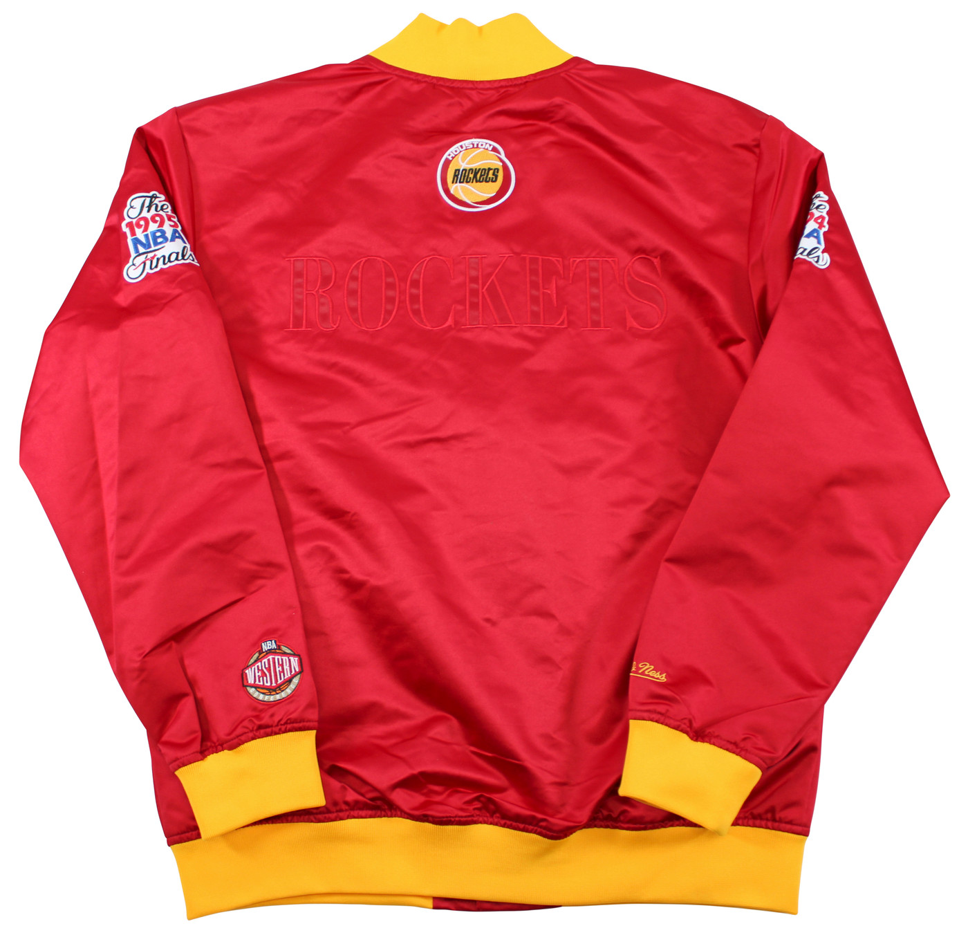 Rockets Hakeem Olajuwon & Clyde Drexler Signed Red M&N Bomber