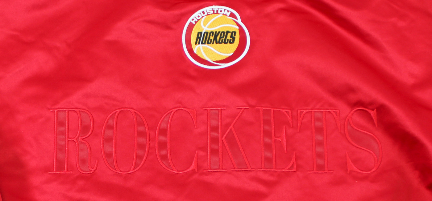 Rockets Hakeem Olajuwon & Clyde Drexler Signed Red M&N Bomber