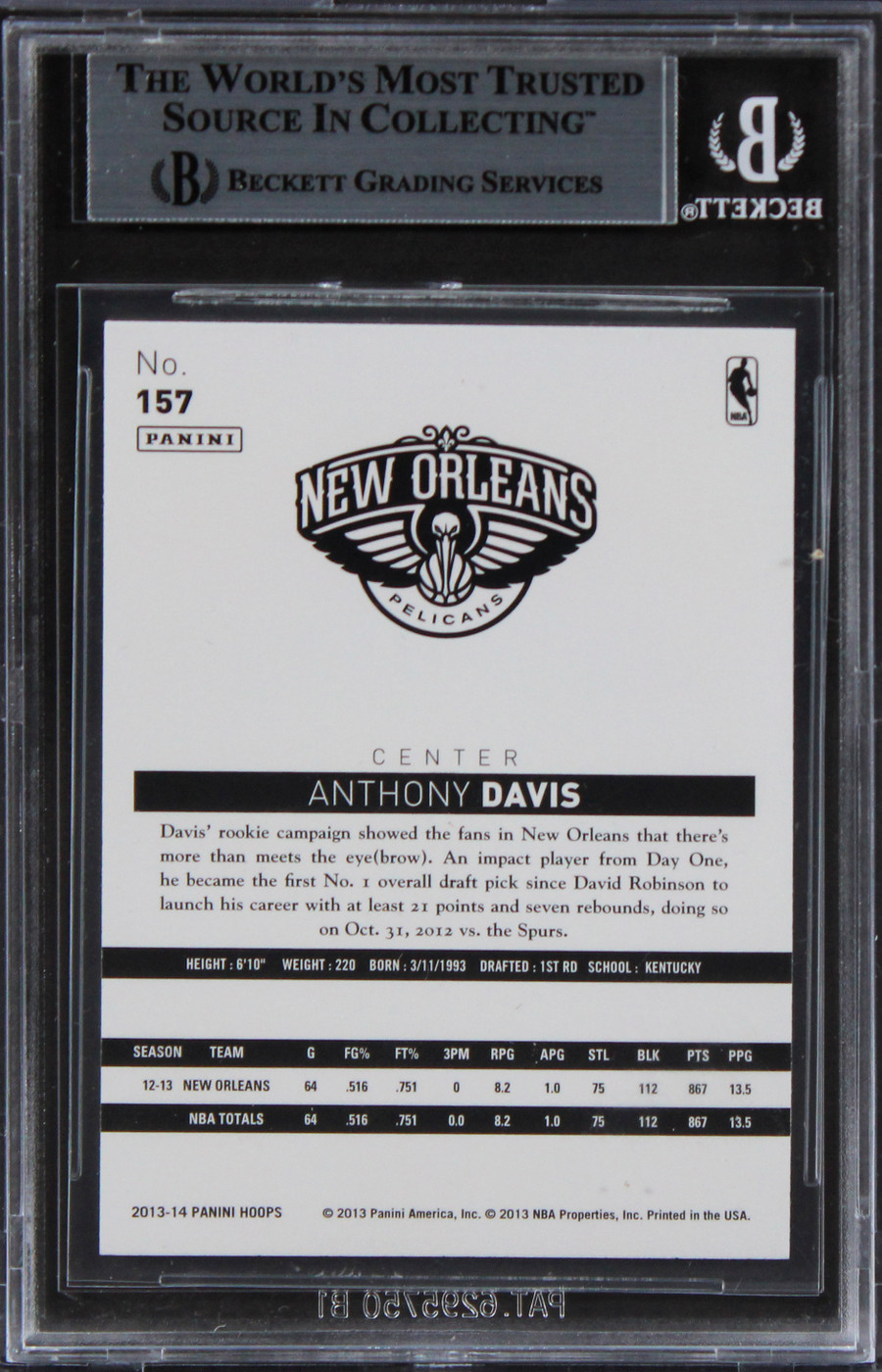 Pelicans Anthony Davis Authentic Signed 2013 Hoops #157 Card BAS
