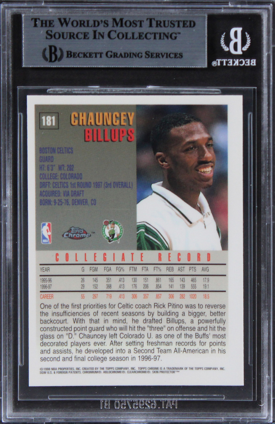 Celtics Chauncey Billups Authentic Signed 1997 Topps Chrome #181