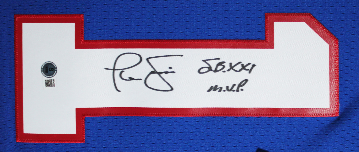 Giants Phil Simms "SB XXI MVP" Signed Blue M&N Framed Jersey BAS Witnessed