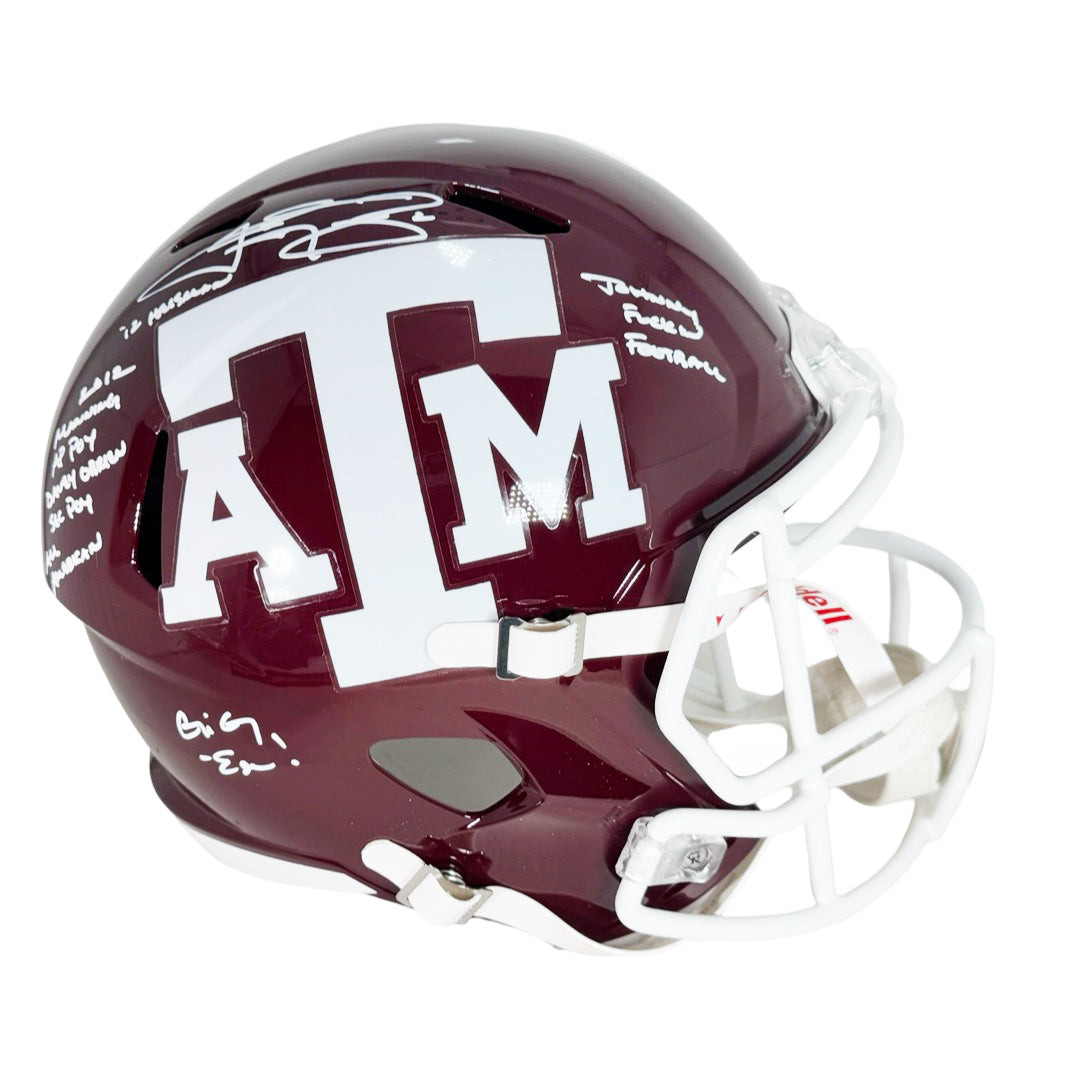 Johnny Manziel Signed Multi-Inscription Texas A&M Red Speed Full-Size Replica Football Helmet (Beckett)