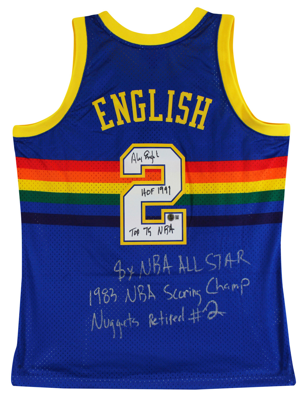 Nuggets Alex English "Career Stat" Signed Blue M&N 87-88 TB Jersey BAS #3W197629