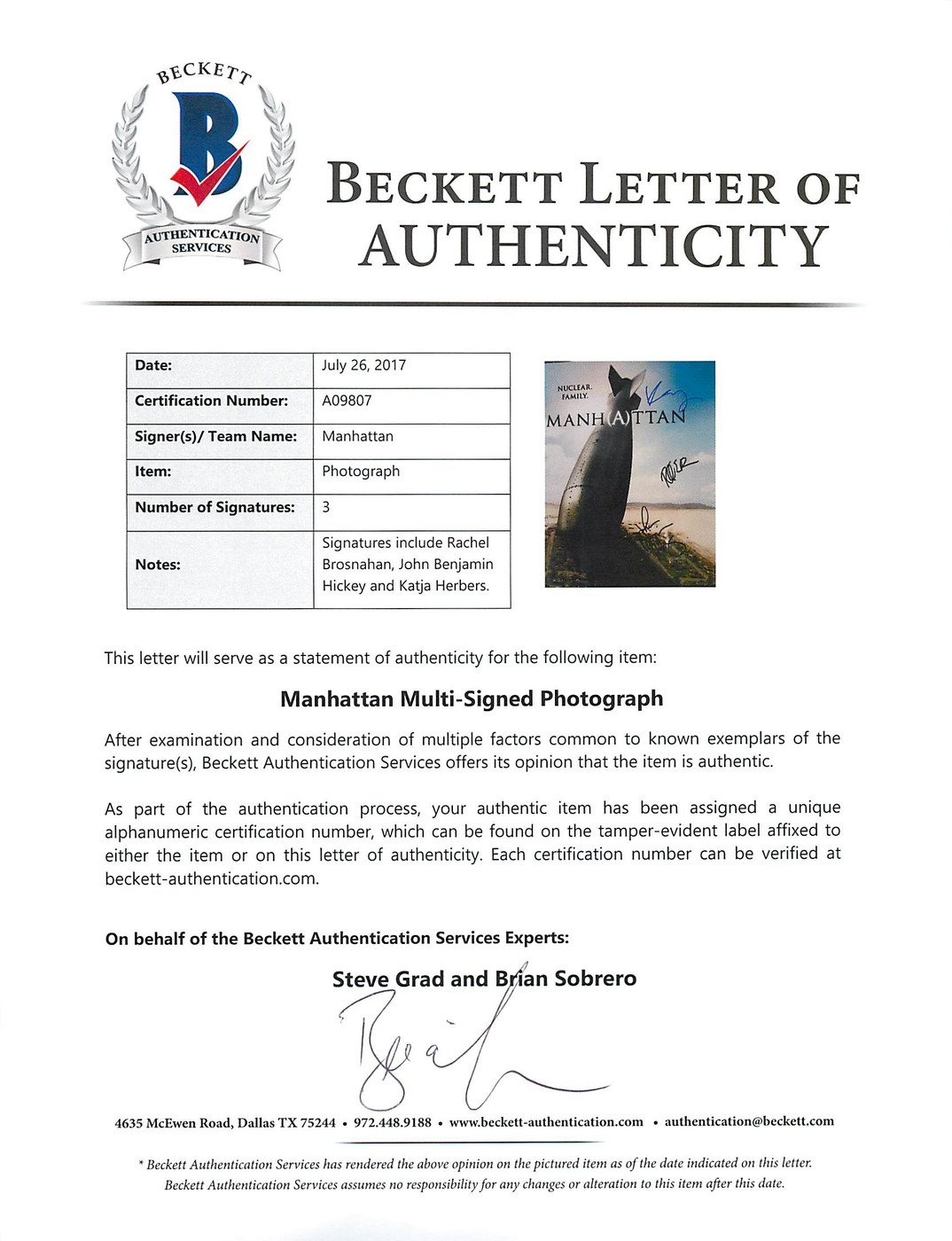 Manhattan (Rachel Brosnahan,Katja Herbers +1) Signed 11X14 Photo BAS #A09807