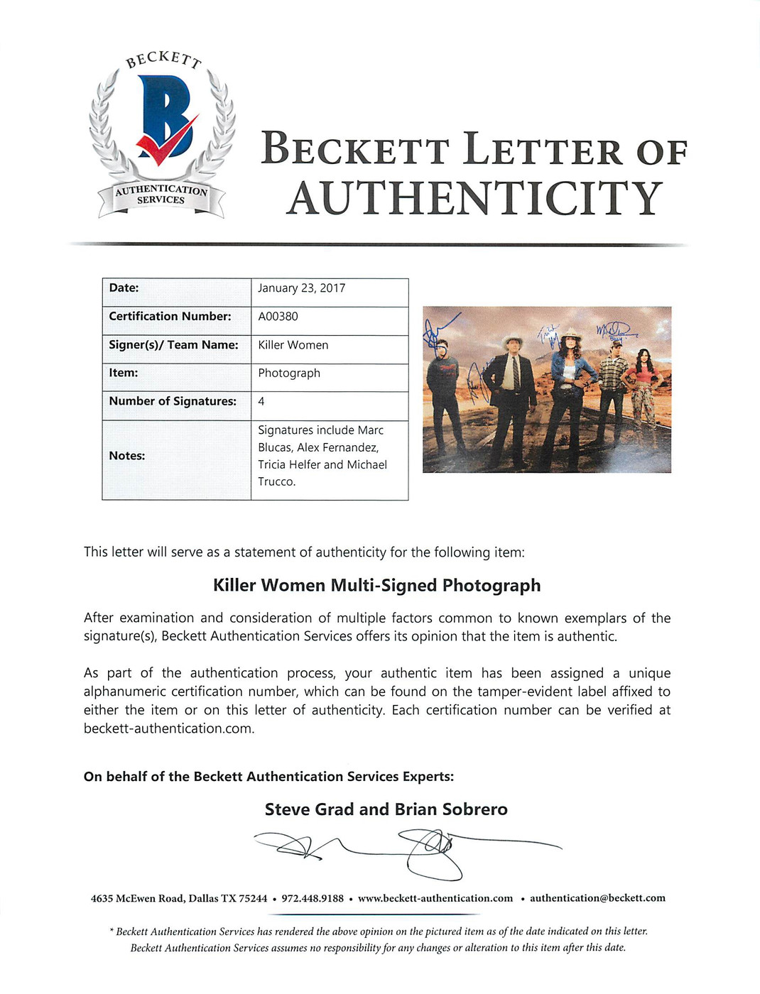 Killer Women Cast (4) Helfer, Blucas, Trucco & Fernandez 12x18 Photo BAS #A00380