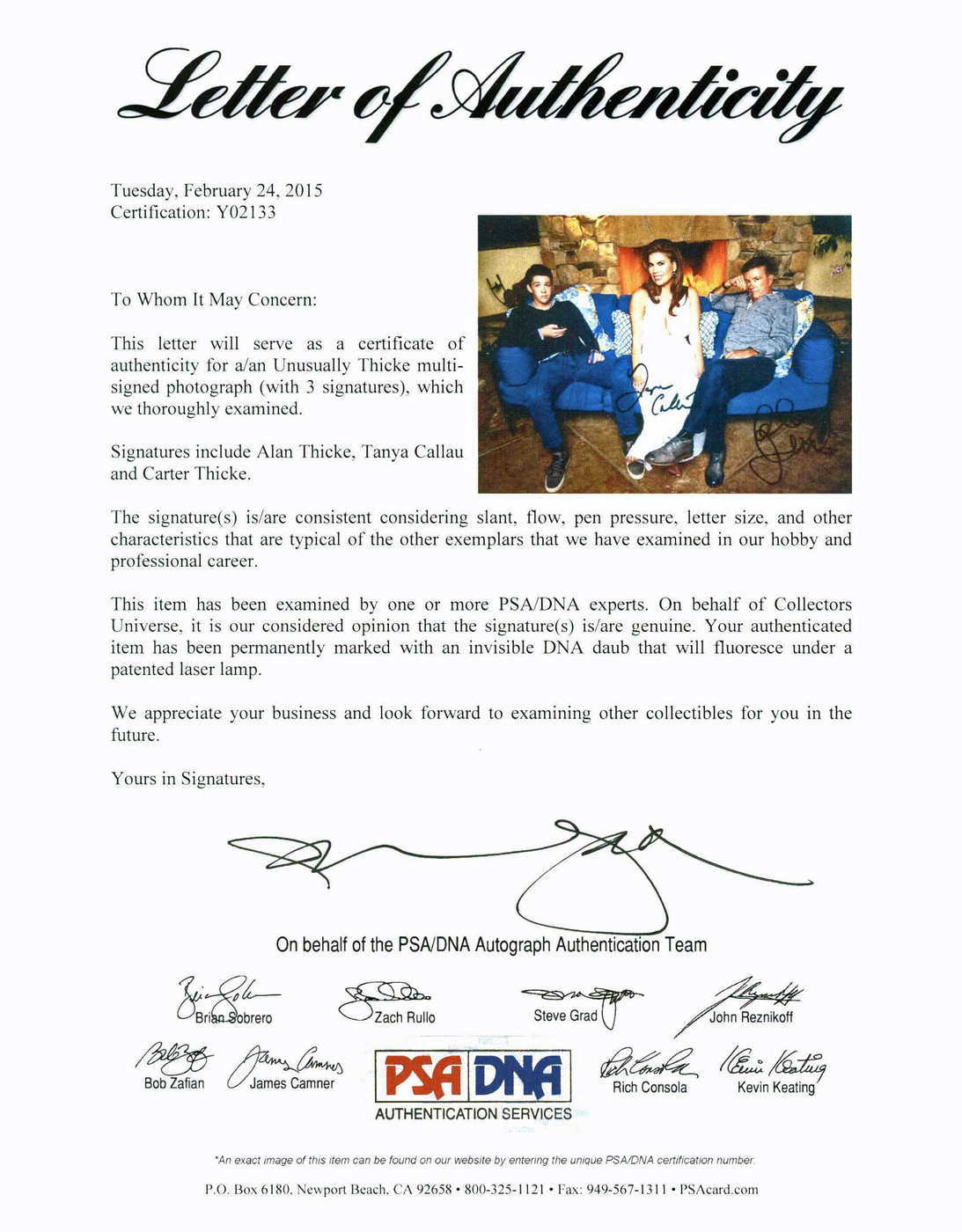 Unusually Thicke (Alan, Carter & Tanya Callau) Signed 8X10 Photo PSA/DNA #Y02133