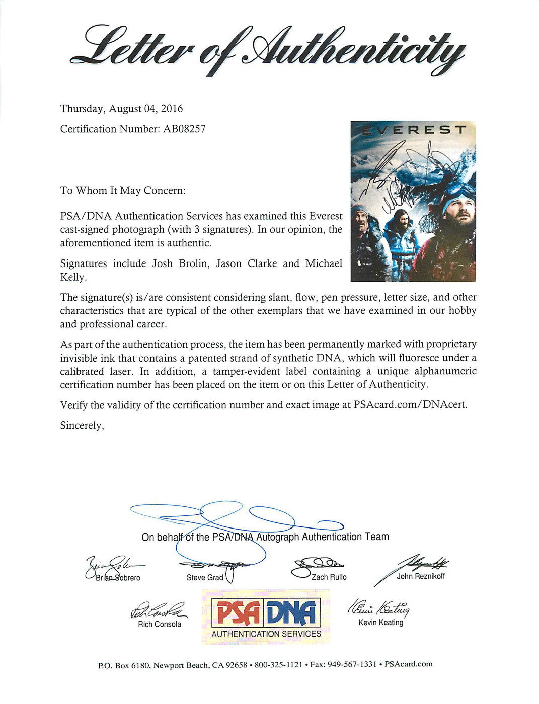 Everest (Josh Brolin, Jason Clarke Michael Kelly) Signed 11X14 Photo PSA AB08257