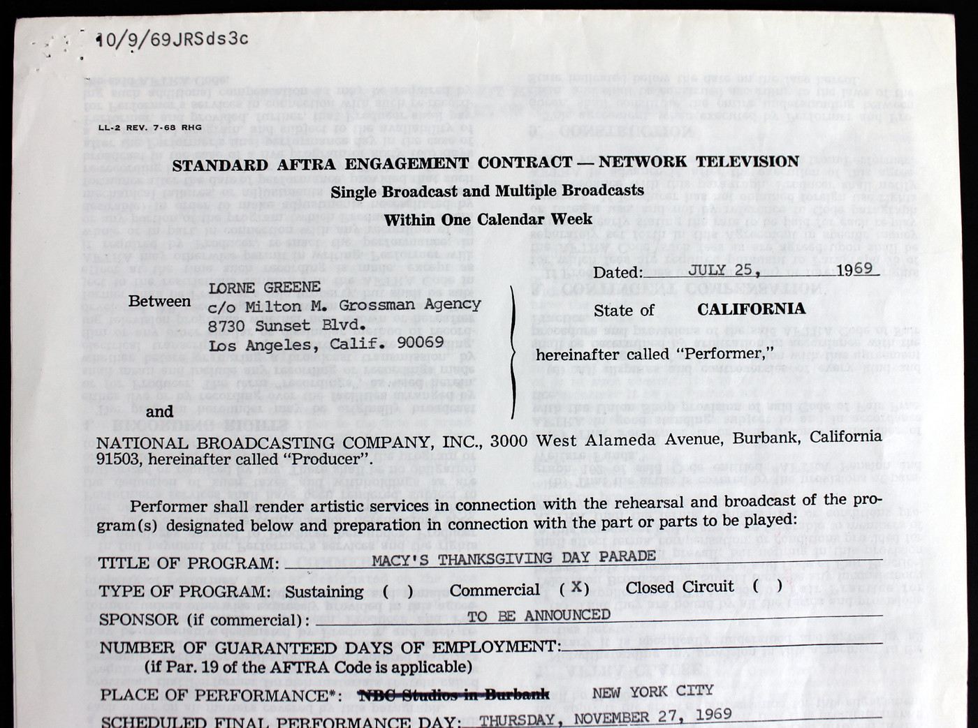 Lorne Greene Bonanza Signed Macy's Thanksgiving Day Parade Contract PSA #C68129