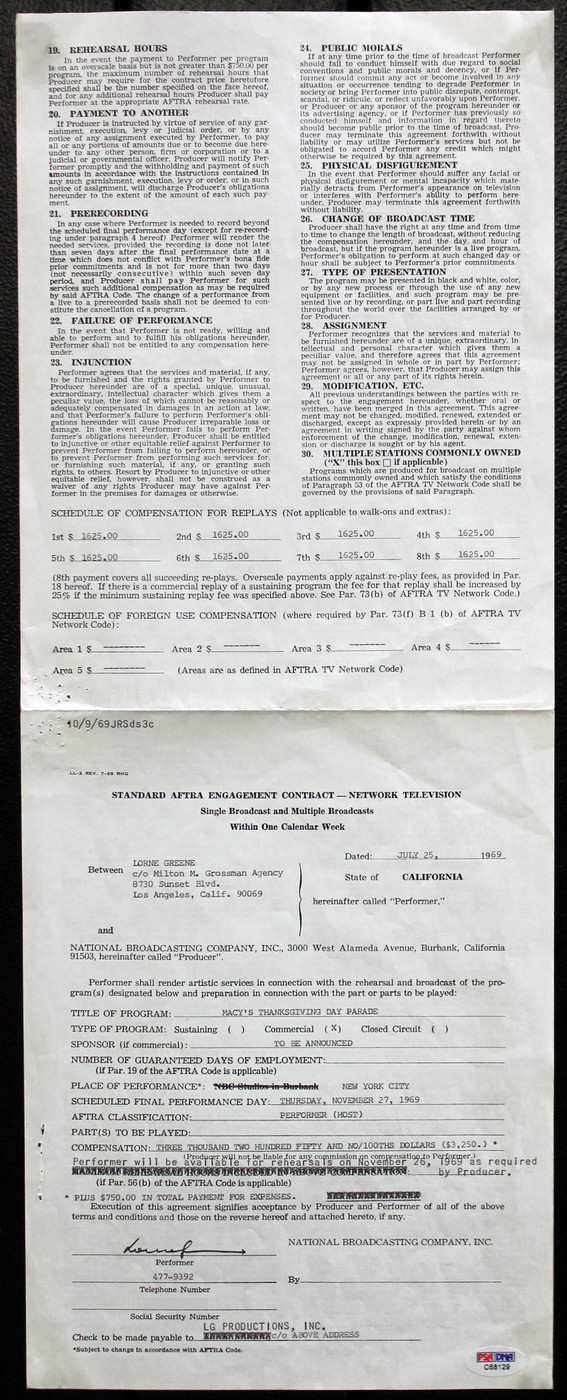 Lorne Greene Bonanza Signed Macy's Thanksgiving Day Parade Contract PSA #C68129