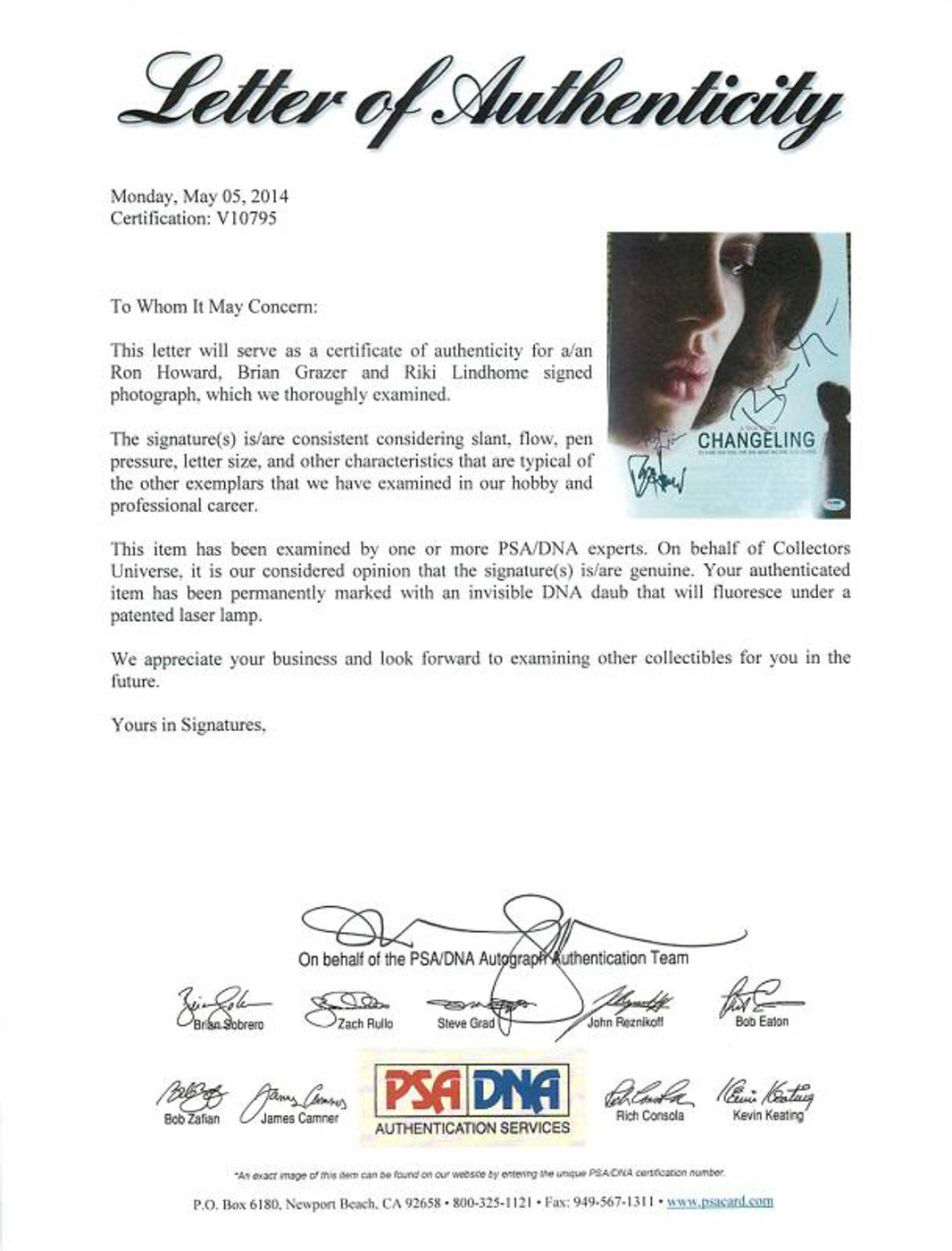 Changeling Cast (3) Ron Howard, Grazer & Lindhome Signed 11X14 Photo PSA #V10795