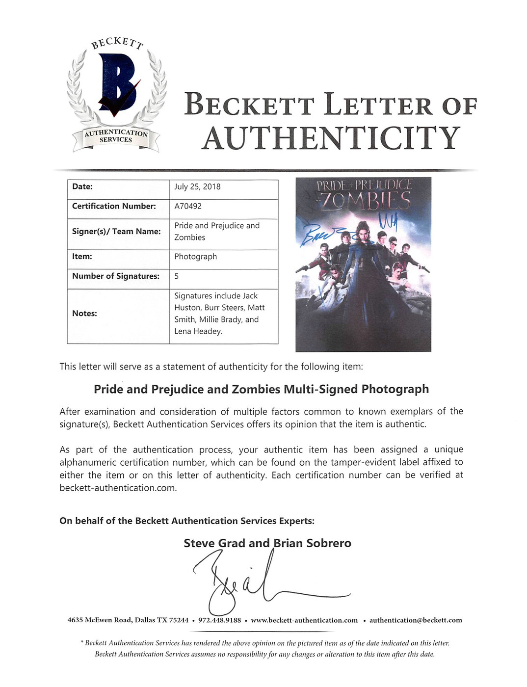 Pride & Prejudice & Zombies (5) Headey , Brady +3 Signed 12x18 Photo BAS #A70492