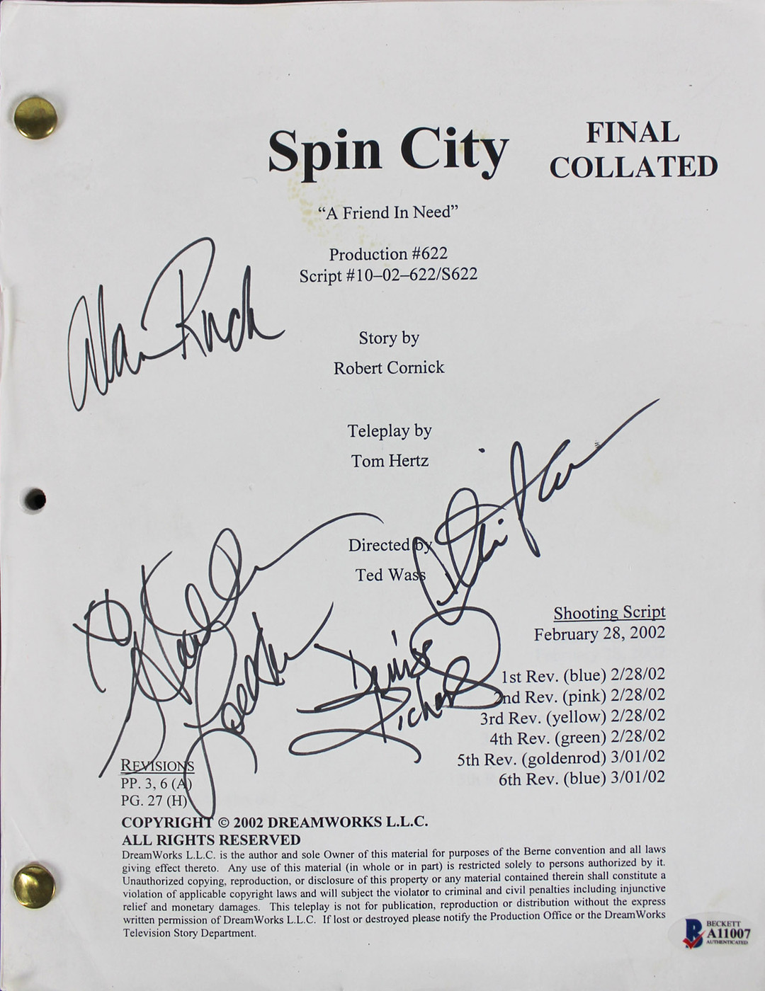 Spin City (4) Sheen, Richards, Locklear & Ruck Signed Used Tv Script BAS #A11007