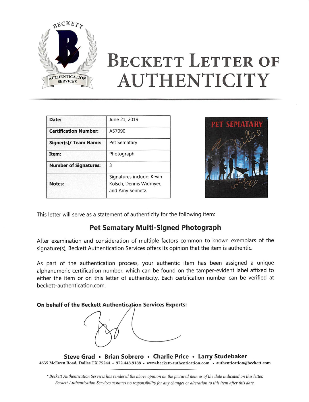 Pet Sematary (3) Kolsch, Widmyer & Seimetz Signed 11x14 Photo BAS #A57090